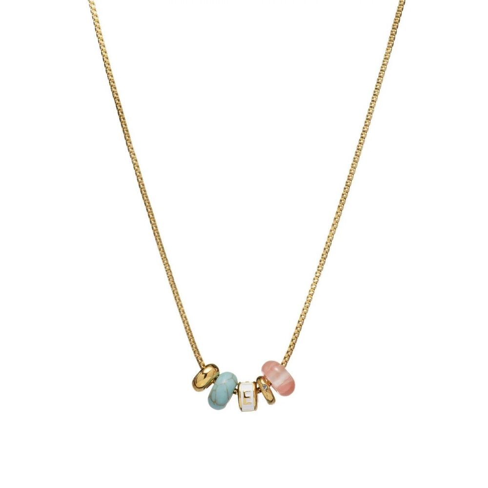 ‘E’ Gold Chain Necklace with Turquoise and Pink Bead Accents